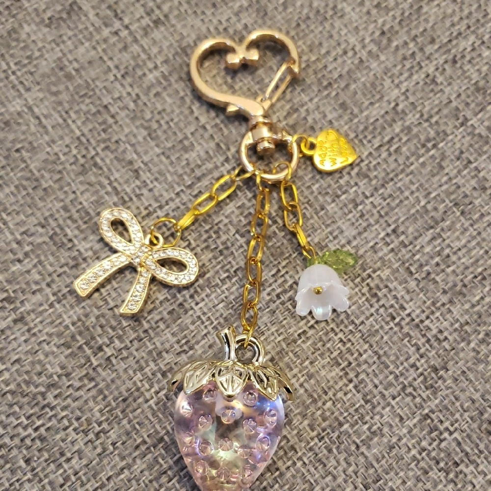 Gold and Pink Strawberry Bag Charm Keychain - Picture 2 of 4